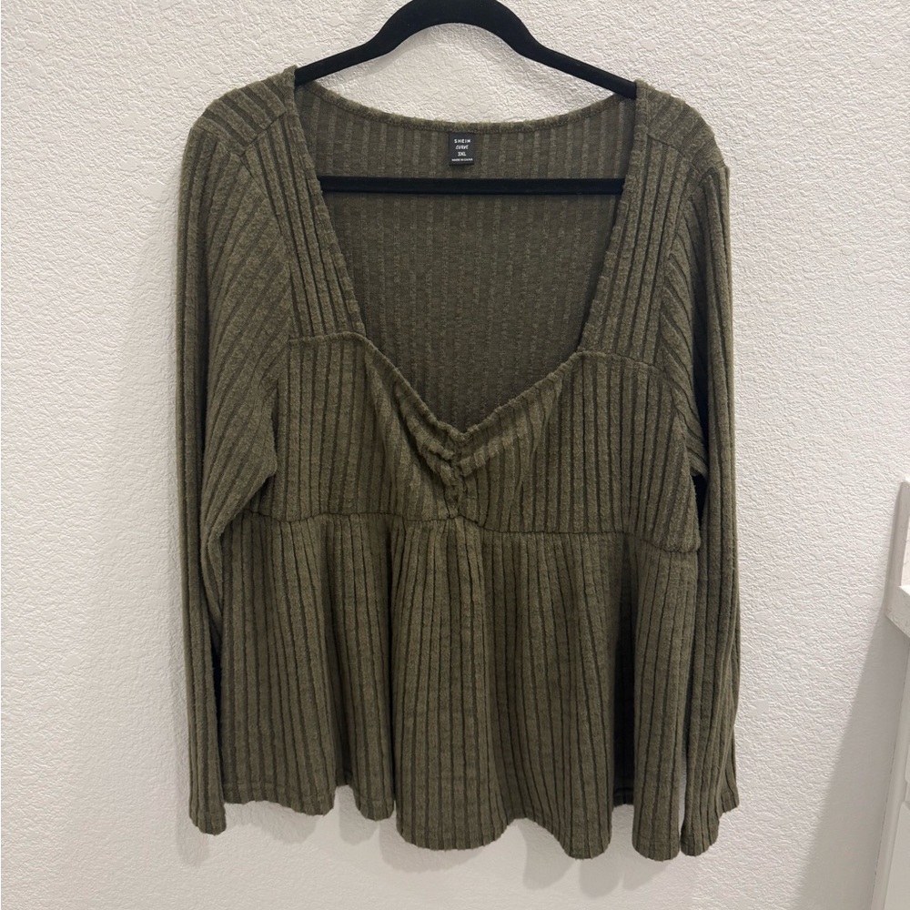 SHEIN Olive Ribbed Long Sleeve Babydoll Top - 3xl